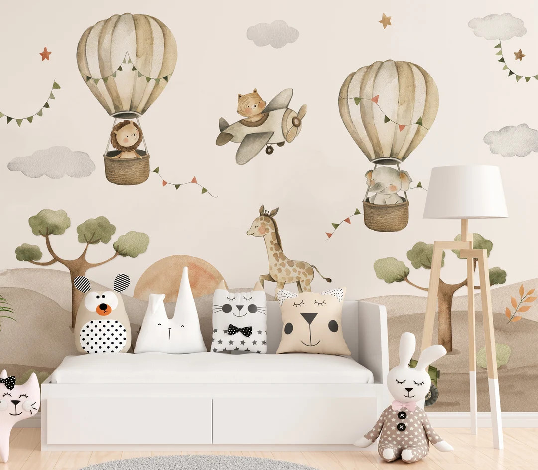 Hot Air Balloon Animal Wallpaper, Kids Wallpaper Peel and Stick, Nursery Wall Decal, Removable Wa... | Etsy (US)