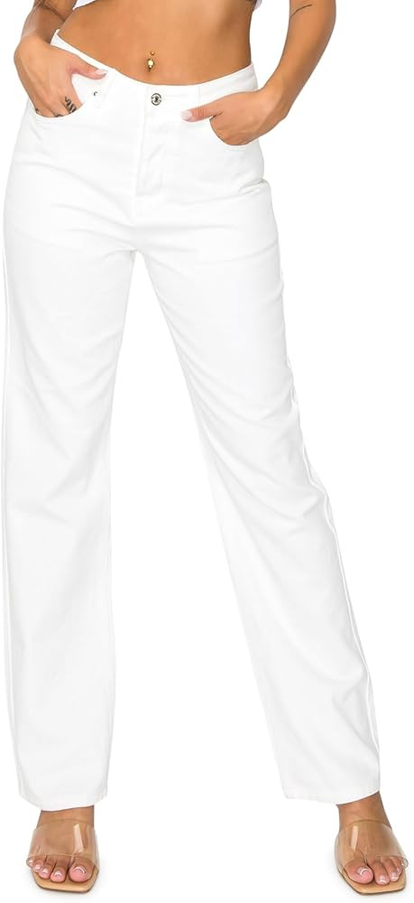 KHAKI & BLUE Women’s Denim Jeans – High Waisted Straight Leg Pants with Button Down Closure | Amazon (US)