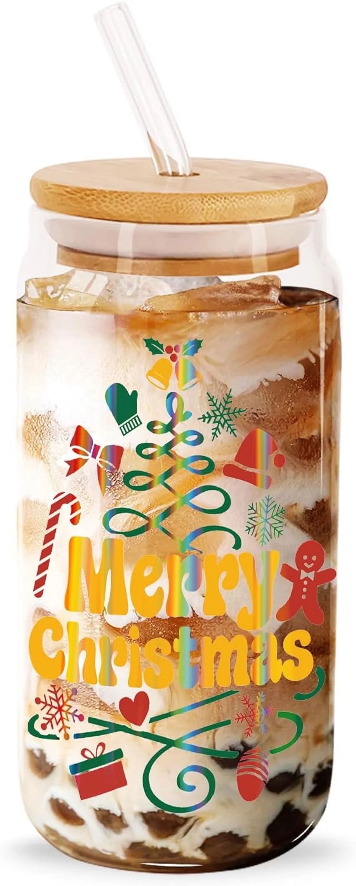 Christmas Glass Cups - 16oz Xmas Tree Decor Gift Mug with Lid And Straw Holiday Tumblers Christma... | Walmart (US)
