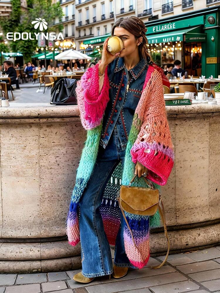 Handknitted Boho Colorful Coat Bell Sleeve Crochet Kimono Cardigan 2024 Christmas Sweater | SHEIN