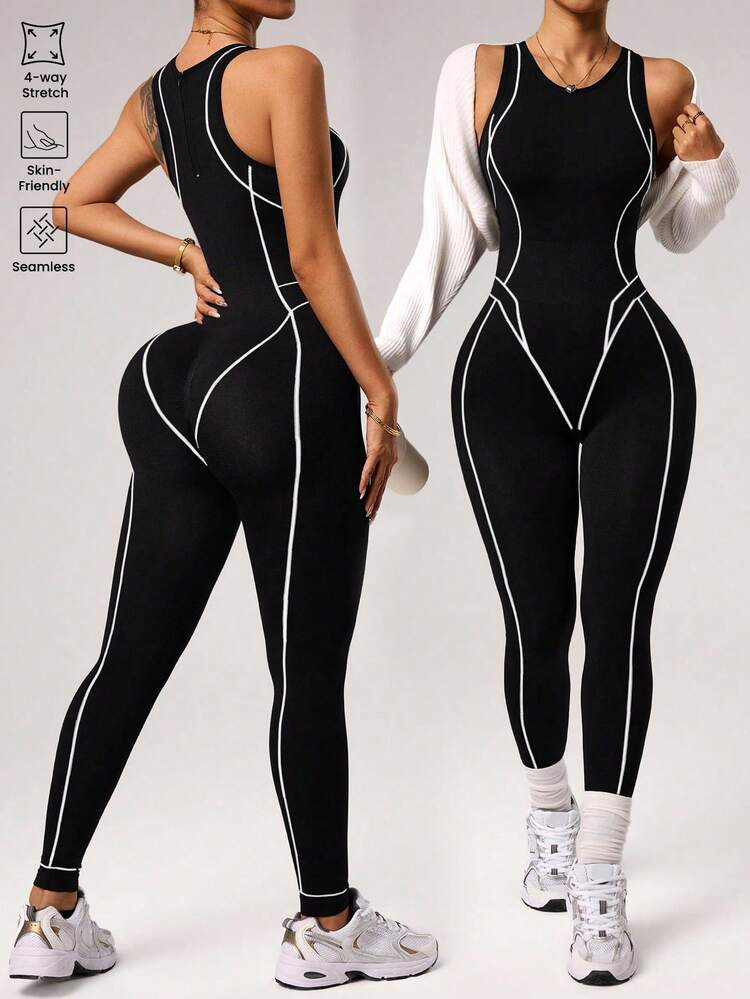 Dewbera Women's Seamless Activewear Jumpsuit,Black And White Line Design Summer Sexsy Gym Jumpsuits For Fitness,Yoga,Outdoor Running Booty Lifting,7/8 | SHEIN