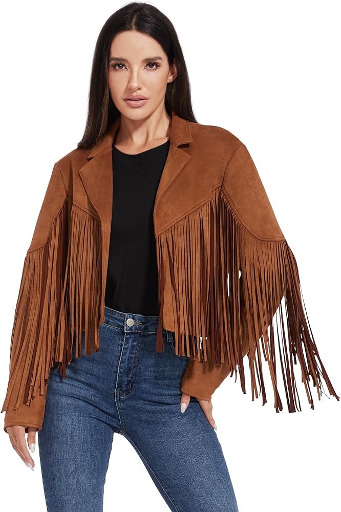 Fahsyee Women's Fringe Leather Jackets - Suede Faux Motocycle Biker Cropped Coat Vegan Blazer Ple... | Amazon (US)