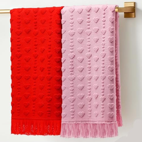 Peryiter 2 Pcs Valentine's Day Hand Towels with Tassel 100% Cotton 3D Red Pink Heart Bathroom Tow... | Amazon (US)