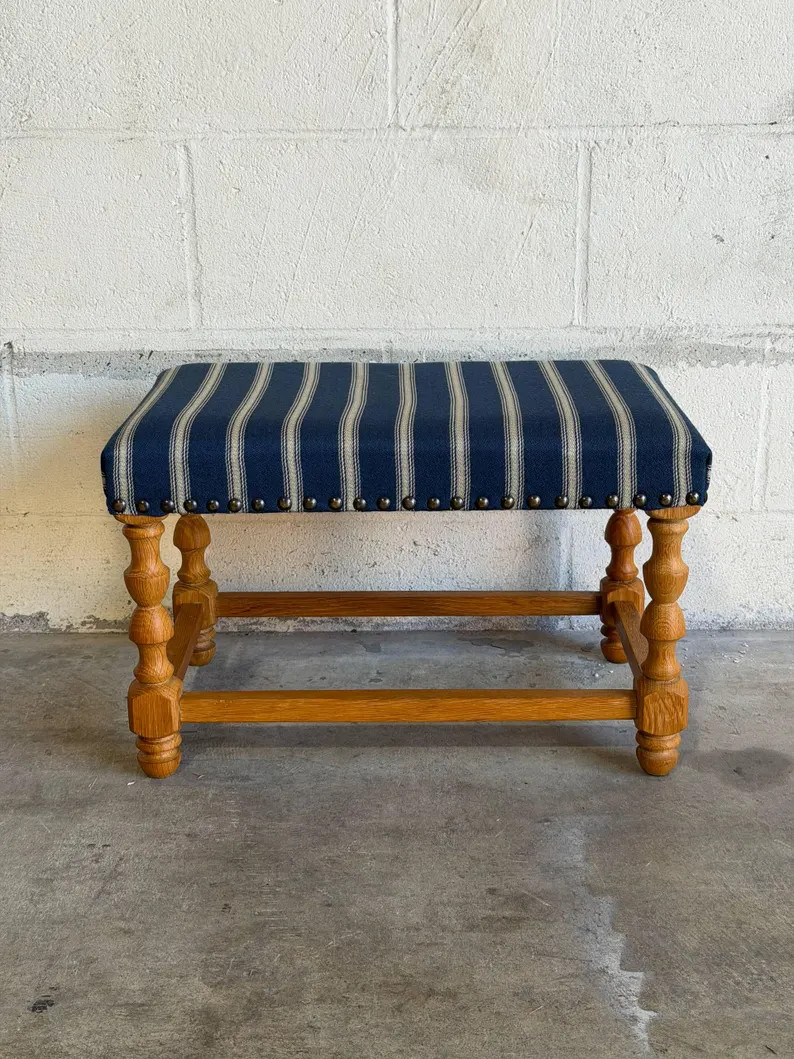 Blue Striped Upholstered Oak Ottoman Danish Mid-Century Modern 1970s | Etsy (Global)