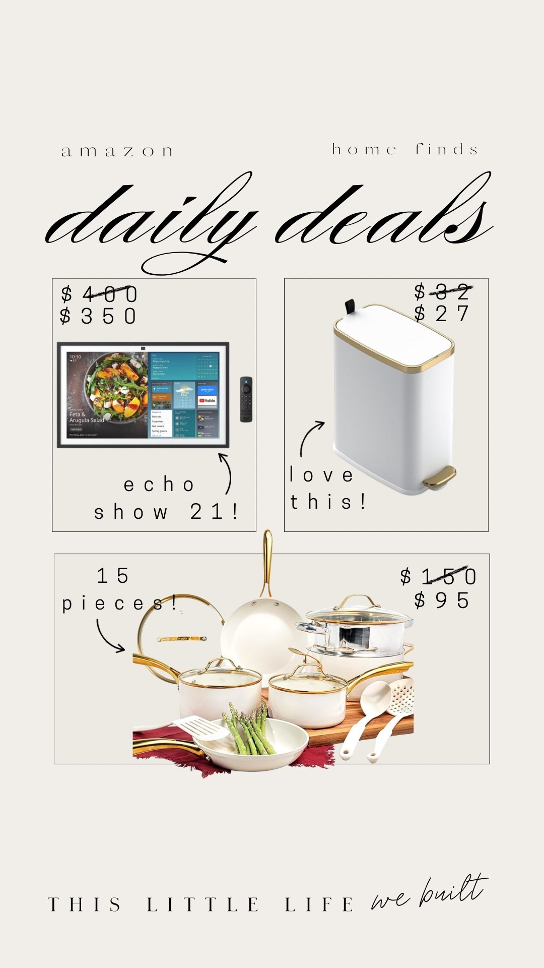 Amazon daily deals!


Echo show 21, pots and pans set, trash can 

#LTKHome #LTKU #LTKSaleAlert