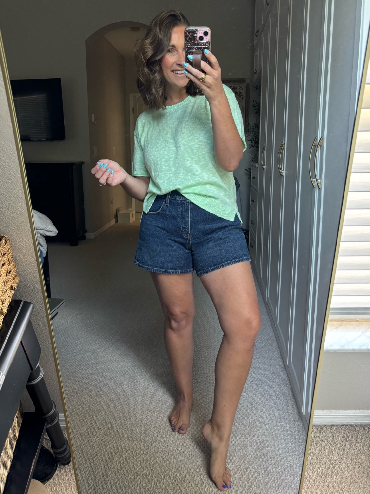 This top is super comfy and an elevated take on a classic tee. It’s soft & textured- denim shorts are perfect! 

TTS: medium 
Shorts: 30

#LTKmomlife #LTKootd #LTKdayinmylife