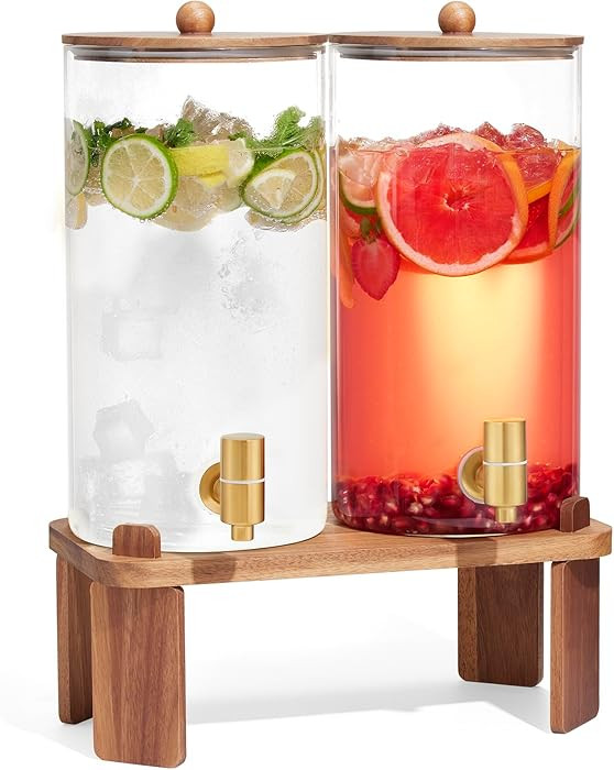 Amazon.com | 2 PCS 1.5 Gallon Drink dispenser, Glass Beverage Dispenser With Wood Stand, Large Wa... | Amazon (US)
