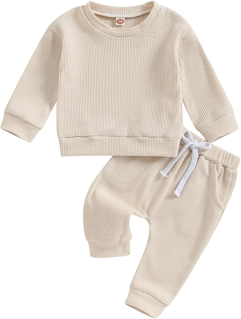 Ursobutegl Toddler Baby Boy Girl Fall Winter Outfits Waffle Knit Letter Printed Long Sleeve Sweat... | Amazon (US)
