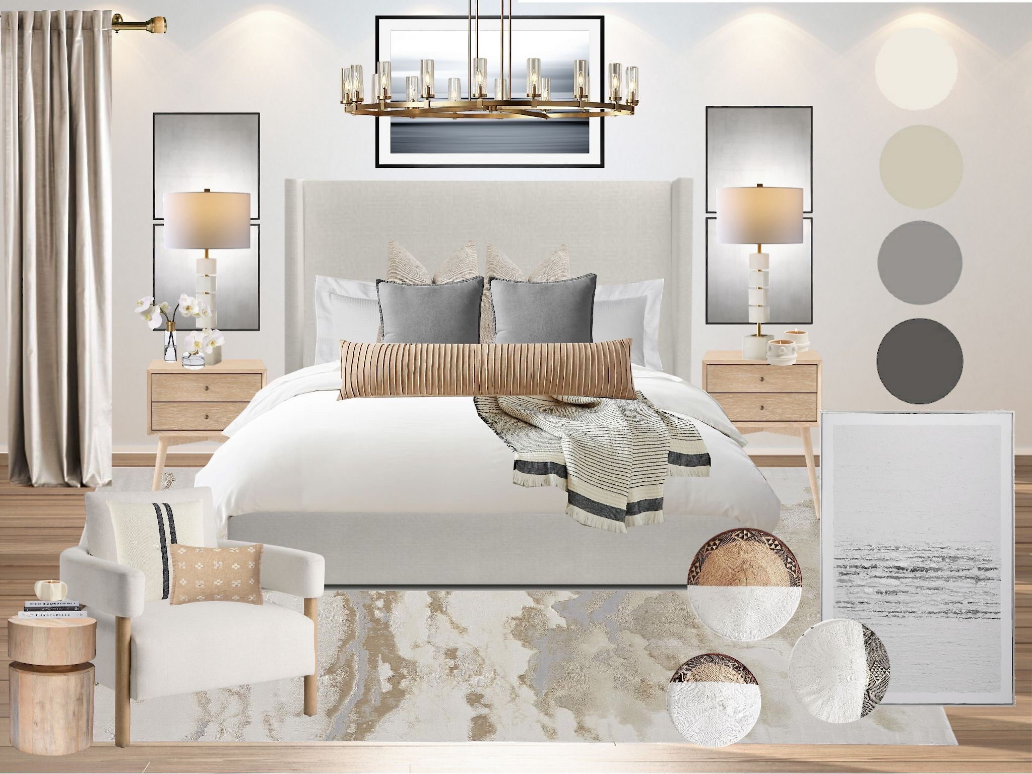 ✨ Cozy Neutral Bedroom Inspiration ✨
Transform your space with this serene, elegant bedroom design featuring a calming neutral palette and warm textures. From the upholstered bed and layered pillows to the rattan wall art and soft area rug, every detail is crafted for comfort and style.

🛏️ Upholstered Platform Bed
🪵 Natural Wood Nightstands
🪑 Cozy Accent Chair
💡 Modern Brass Chandelier & Recessed Lighting
🎨 Neutral Wall Art Prints
🌾 Layered Textiles & Throw Pillows

Perfect for modern, coastal, or transitional interiors!

👉 Shop this look for a cozy bedroom upgrade!

#NeutralBedroom #CozyBedroom #BedroomInspo #PinterestHome #InteriorDesign #RattanWallDecor #ModernFarmhouse #NaturalTones #HomeDecor #BedroomGoals #HomeInspo #SereneSpaces

#LTKSummerEdit #LTKHome #LTKStyleTip