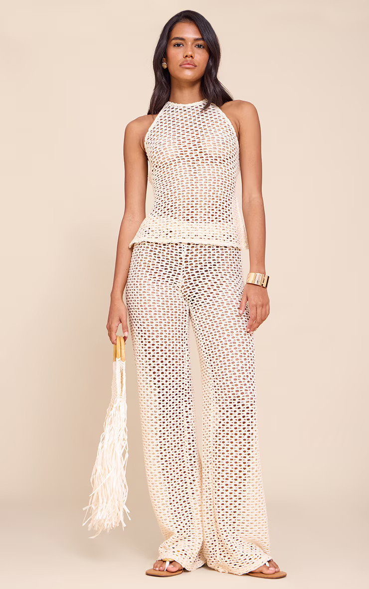 Stone Crochet Wide Leg Trousers | PrettyLittleThing UK