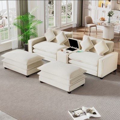 111" Sectional Sofa with 2 Removable Ottoman, Chenille Upholstered Sofa with 2 USB Ports, 2 Cup Holders and Large Storage Box, Beige 4A - ModernLuxe | Target