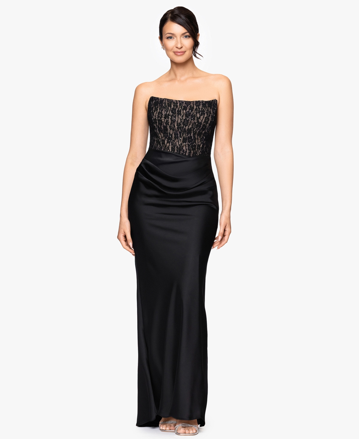 Betsy & Adam Women's Strapless Lace Top Gown - Black/Nude | Macy's