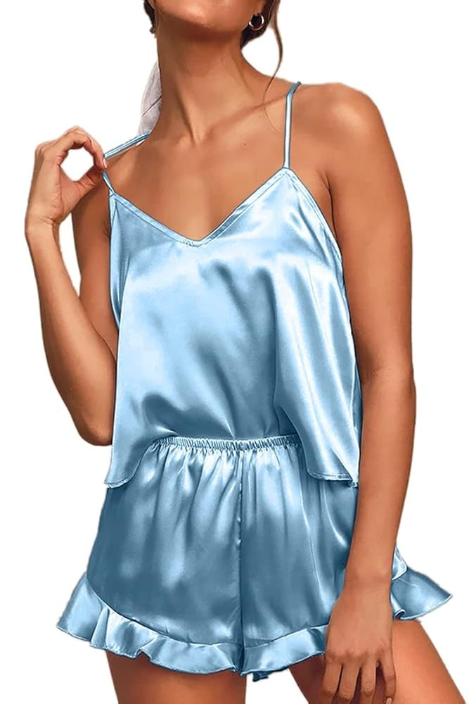 CHYRII Women's Sexy Silk Satin Ruffled Pajamas Sets Cami Shorts Sets Sleepwear | Amazon (US)
