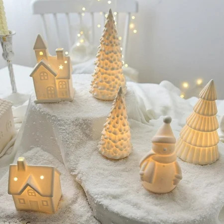 Christmas Decorations - Christmas Decorations Christmas tree Indoor - Christmas Village Lighted Ceramic Houses - White Xmas Holiday Farmhouse Rustic Decor for Home Table Room | Walmart (US)
