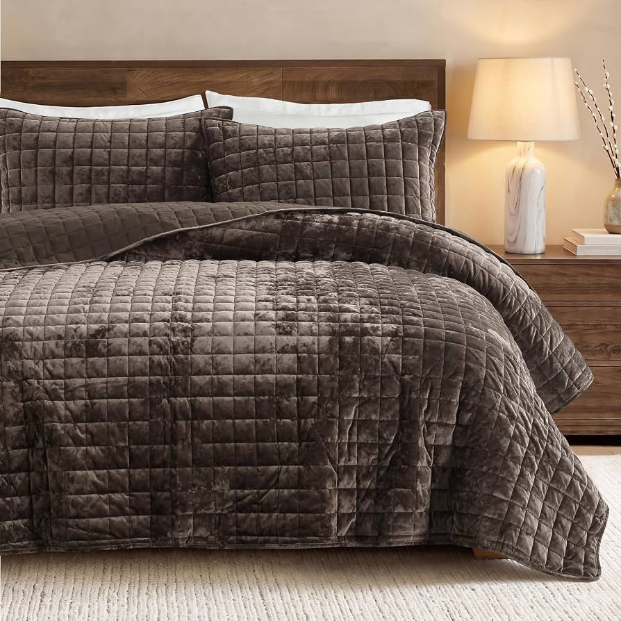 palassio Channel Box Stitch Velvet Quilt Bedding Set, Queen, Brown | Amazon (US)