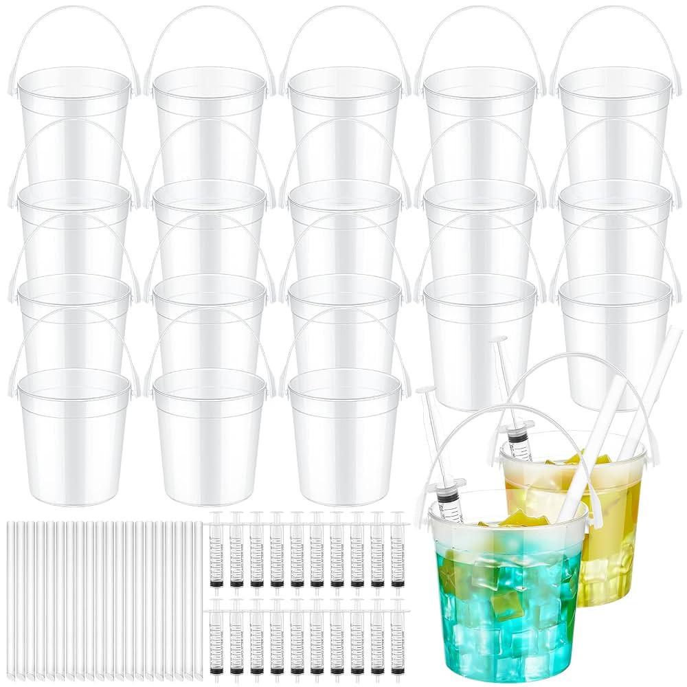 20 Set 32oz Clear Plastic Rum Buckets for Drink with Straws Beverage Syringes Drink Buckets for P... | Amazon (US)