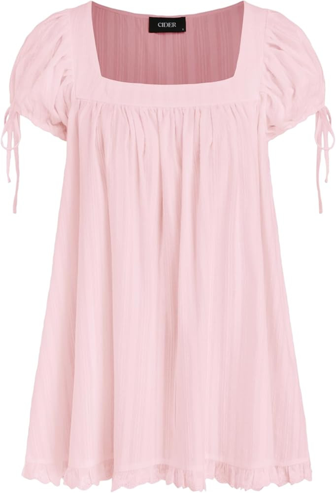 CIDER Blouses for Women Square Neck Ruffle Knot Short Sleeve Recycled Cotton Solid Long Sleeve Bl... | Amazon (US)