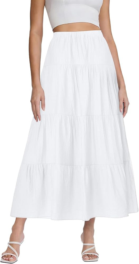Women's White Maxi Skirt Summer Boho Long Pleated A-Line Flowy Elastic High Waist Beach Tiered Sk... | Amazon (US)