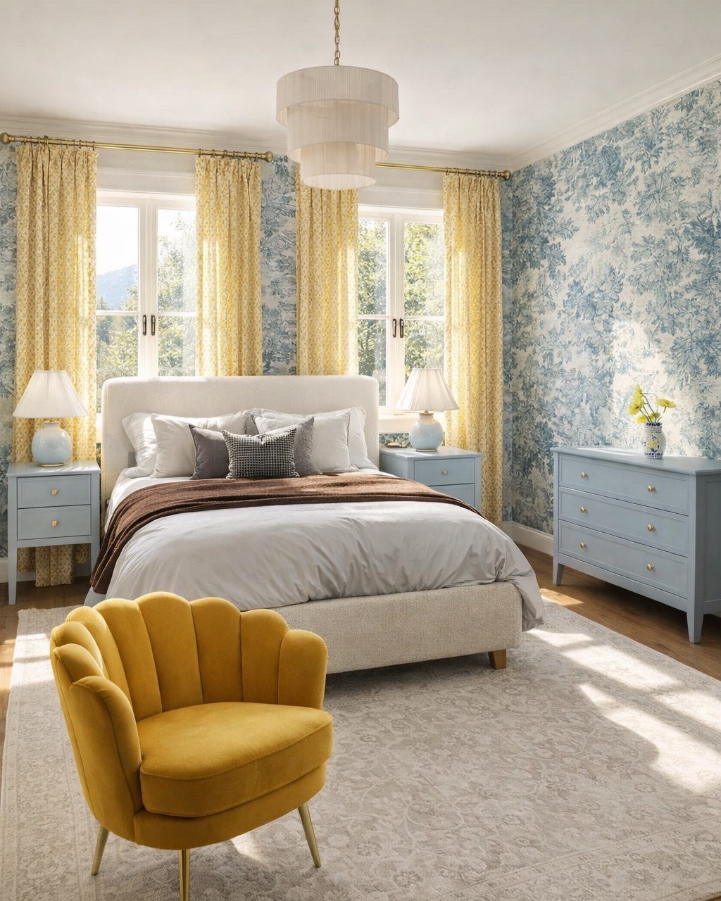 Bright and sunny Summer bedroom, beachy vibes with a bit of mustard yellow! #bedroomdecor #summer