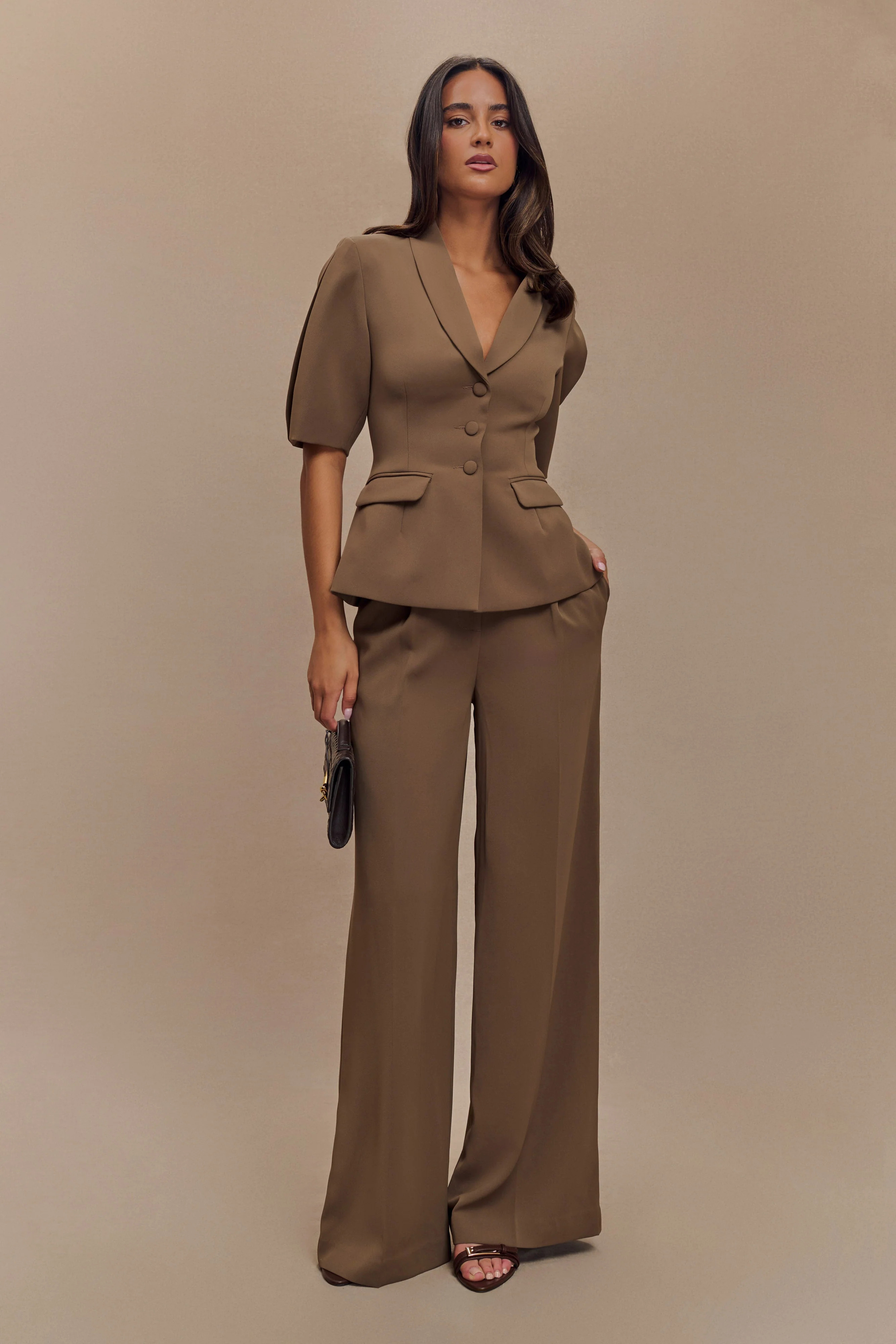 Puff Sleeve Suiting Top - Cacao Brown | MESHKI US