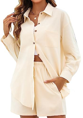 Namifin 2 Piece Outfits for Women Lounge Sets Pajama Sets Long Sleeve Button Down Oversized Shirts and Shorts Fall Tracksuit | Amazon (US)