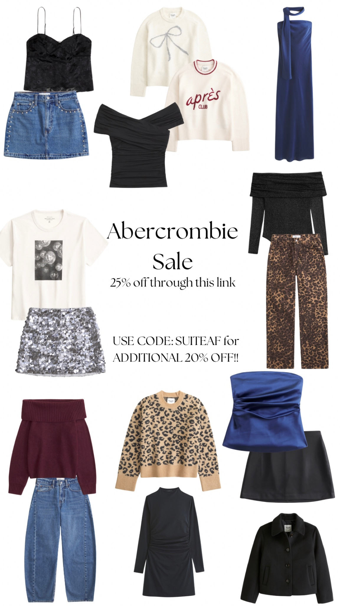 Abercrombie Winter Party Sale!! Everything linked here is 25% off, with stackable codes for an extra 20% off! Denim, Skirts, Jackets, Dresses, Tops, Tees, you name it!! From their new edit and includes some cheetah print items as well that I love!! 

#LTKHoliday #LTKSaleAlert #LTKSeasonal