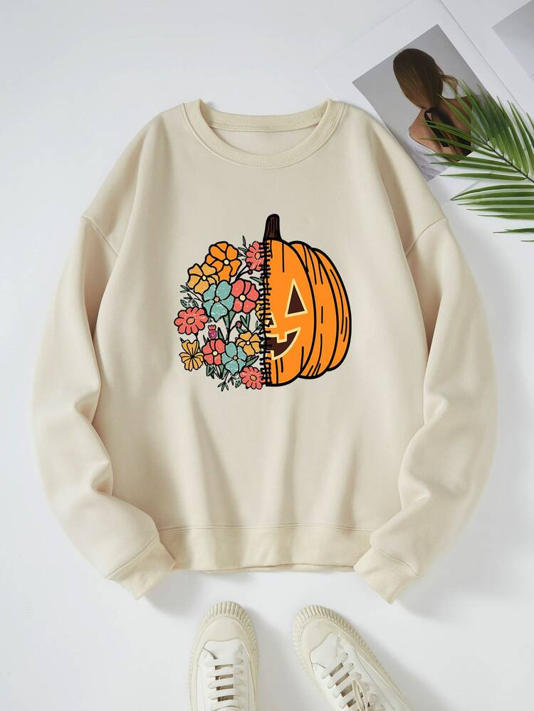 Floral & Pumpkin Print Thermal Sweatshirt | SHEIN