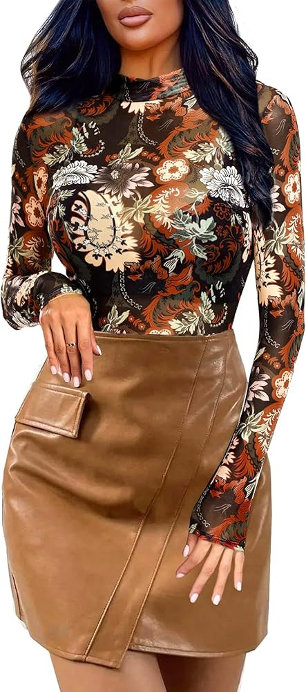 Floral Mesh Long Sleeve Tops for Women Mock Neck See Through Fitted Sexy Going Out Top | Amazon (US)