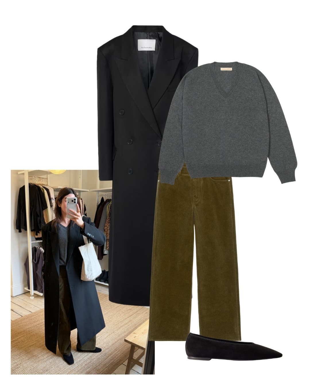 Styling my tailored Frankie Shop black coat with khaki corduroy trousers from Arket and grey knit from & Daughter

#LTKspring #LTKstyletip #LTKwinter