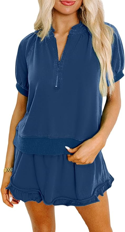 KevaMolly Women's 2 Piece Lounge Sets Casual Short Sleeve Outfits Half Zip Puff Sleeve Top and Ru... | Amazon (US)