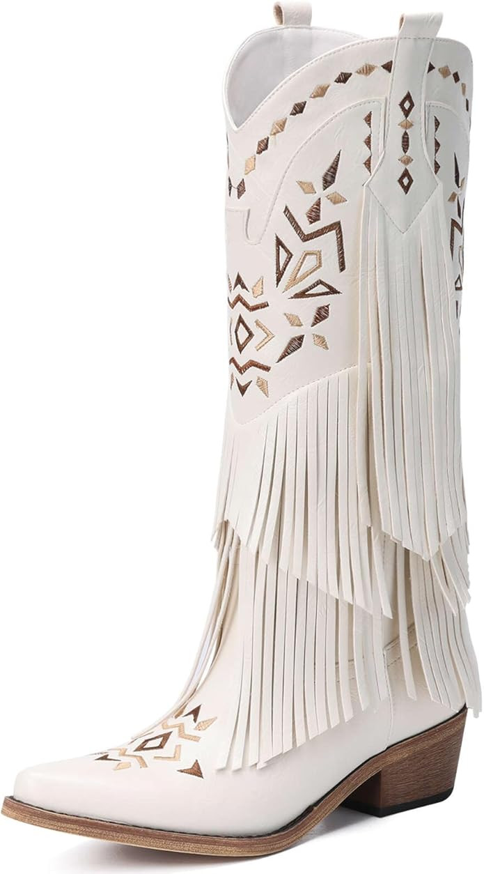 Cowboy Boots for Women - Fringe Knee High Cowgirl Boots with Classic Embroidery, Pointed Toe Pull... | Amazon (US)