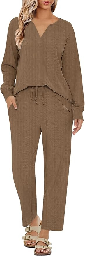 DEEP SELF Womens Waffle Knit Pajama Sets Long Sleeve Sleepwear and Long Pants Soft Pjs Loungewear... | Amazon (US)