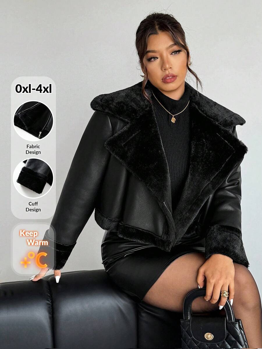 Firerie Plus Size Black Formal Western Evening Night Out Club PU Fur & Velvet Thickened Jacket,Women's Elegant Large Lapel Zipper Motorcycle Coat Fall/Winter | SHEIN