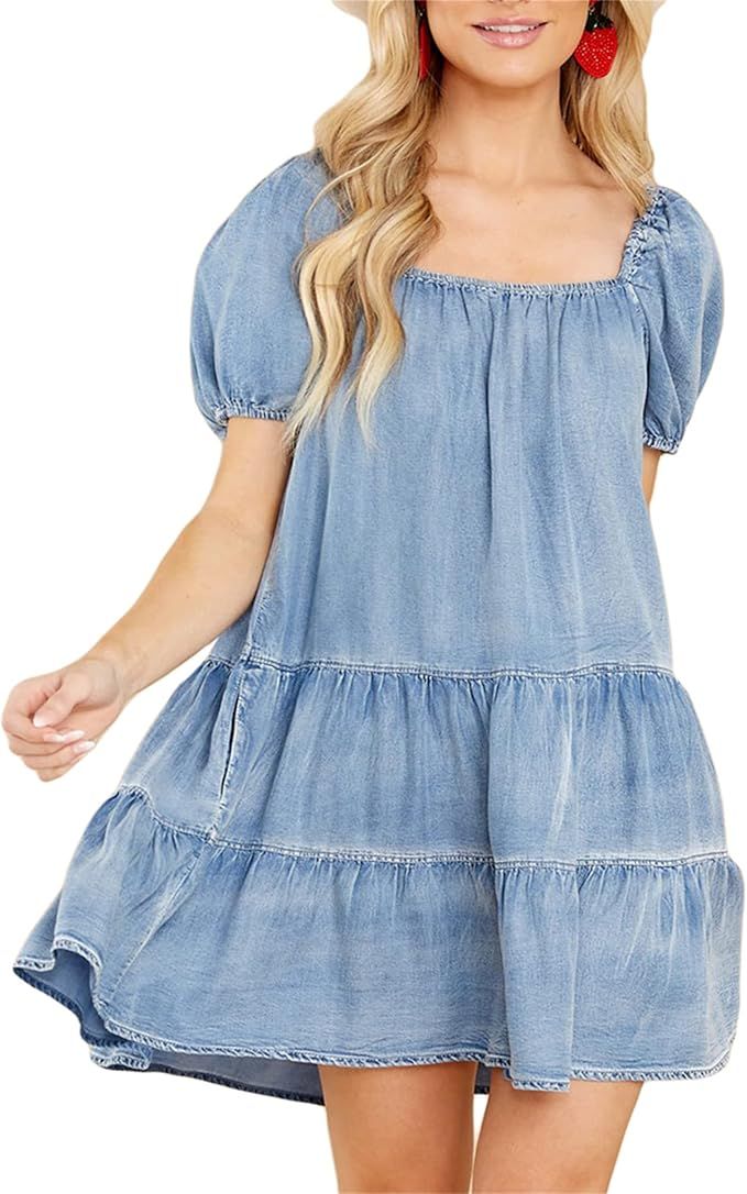 Hassembly Women Summer Casual Denim Shirt Dress Short Sleeve A-Line Tiered Babydoll Distressed Je... | Amazon (US)