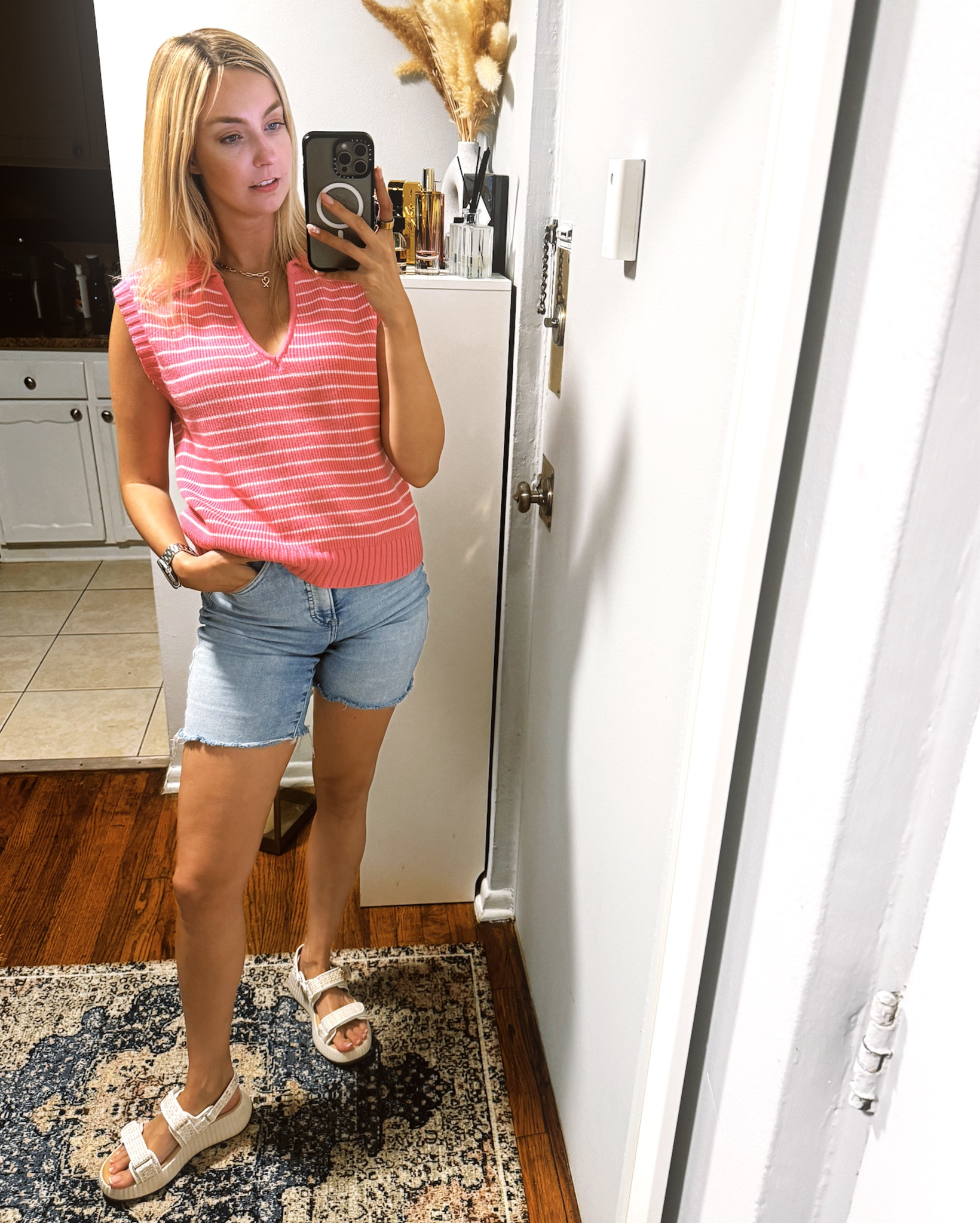 Summer sweater season is here - v neck knitted pink vest. Easy summer outfit idea. Matching it with denim shorts and chunky sandals.

Striped sweater • pink sweater • casual summer outfit • great for moms ❤️• Amazon fashion • Amazon finds 

#LTKSummerSales #LTKBump #LTKStyleTip