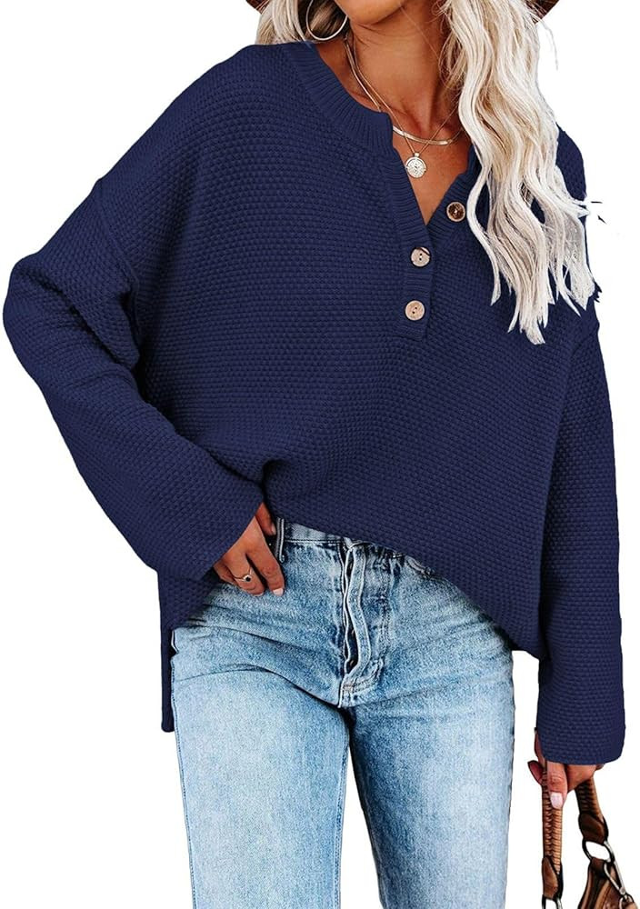 Pink Queen Women's V Neck Button Sweater Oversized Batwing Long Sleeve Henley Pullover Knit Jumpe... | Amazon (US)