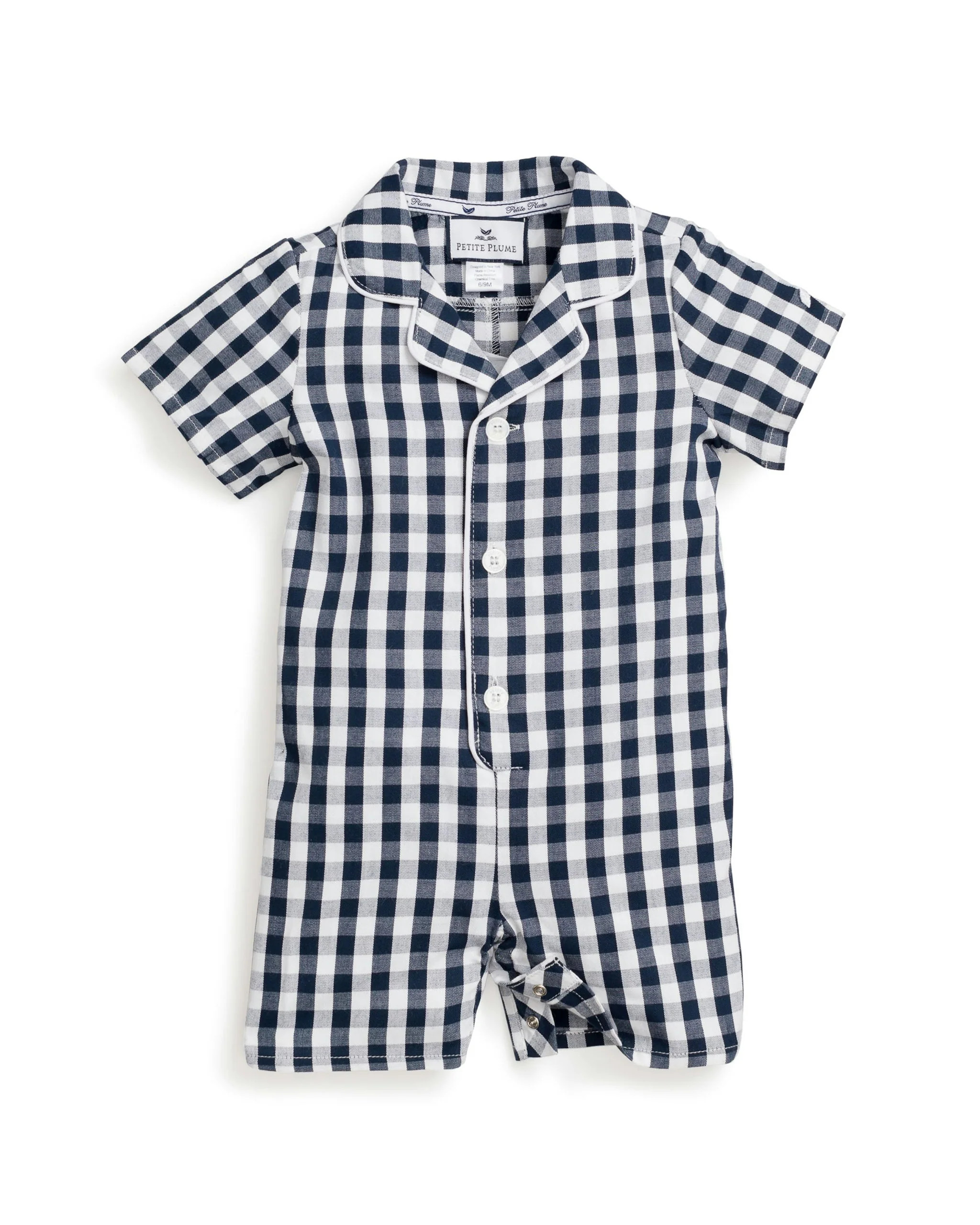 Baby's Twill Summer Romper in Navy Gingham | Petite Plume