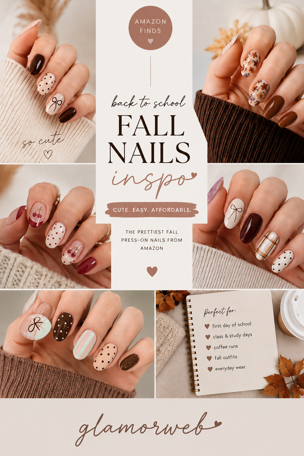 Back to school 🍂✨ fall nails inspo you NEED 🤎
the cutest press-on nails that are easy, affordable & perfect for everyday wear

think cozy neutrals, chocolate brown, cherry accents, bows, plaid + soft girl details 🍒🎀
perfect for: first day of school, study days, coffee runs & fall outfits ☕️📚

all linked from amazon finds — budget-friendly & beginner friendly 💅

#ltk #ltkbeauty #fallnails #backtoschool #amazonnails #pressonnails #nailinspo #falldetails #cozyvibes #ltkunder50 

 #LTKSeasonal #LTKU #LTKSaleAlert
