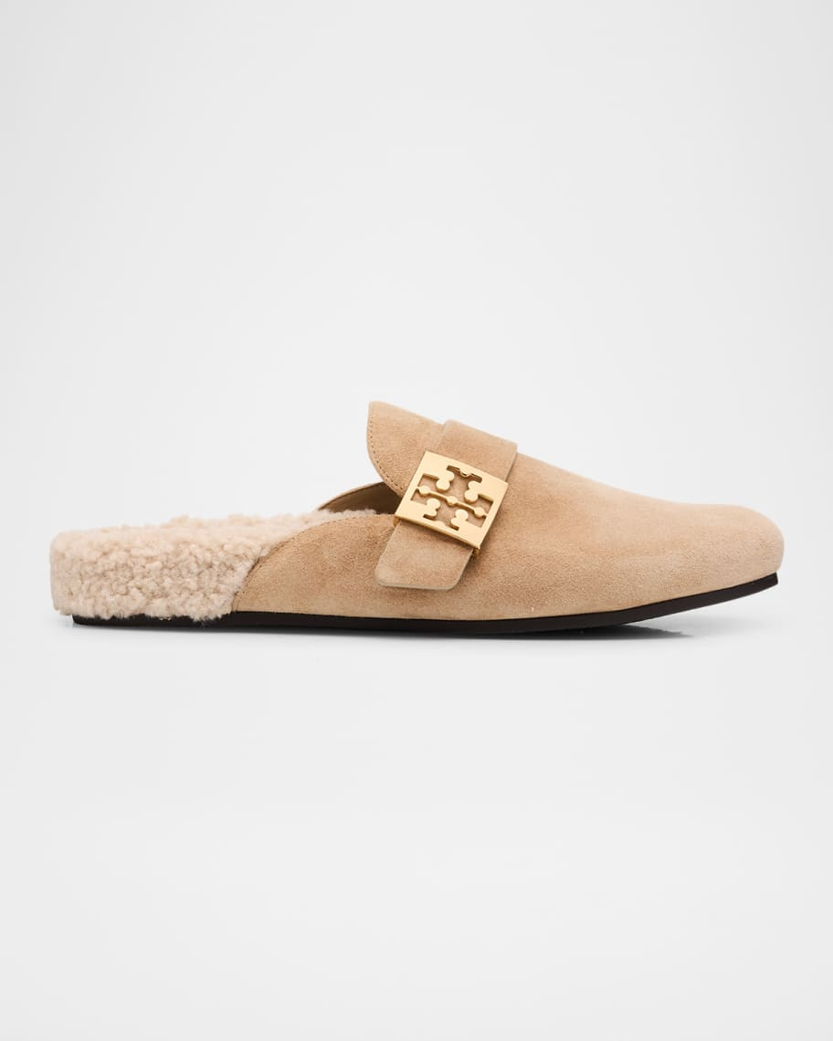 Tory Burch Mellow Suede Shearling Buckle Loafer Mules | Neiman Marcus