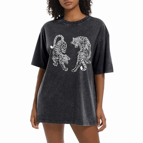 Tiger Graphic Tees Shirt for Women Oversized Streetwear Shirts Acid Wash Tshirt Tigers Print Cott... | Amazon (US)
