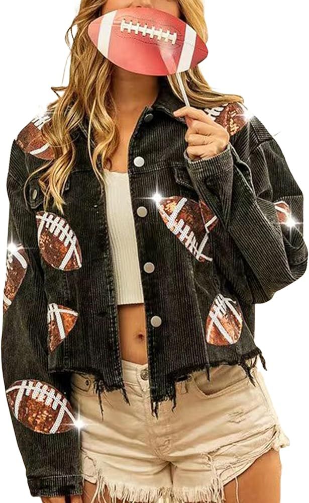 SeekMe Women's Cropped Corduroy Jacket Football Sequin Patched Short Button Raw Hem Jacket Coat | Amazon (US)