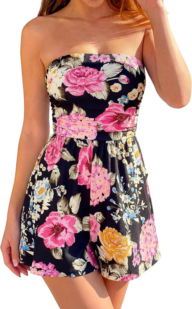 BTFBM Romper For Women 2026 Spring Strapless Printed Tube Boho Wide Leg Beach Short Jumpsuit Summ... | Amazon (US)