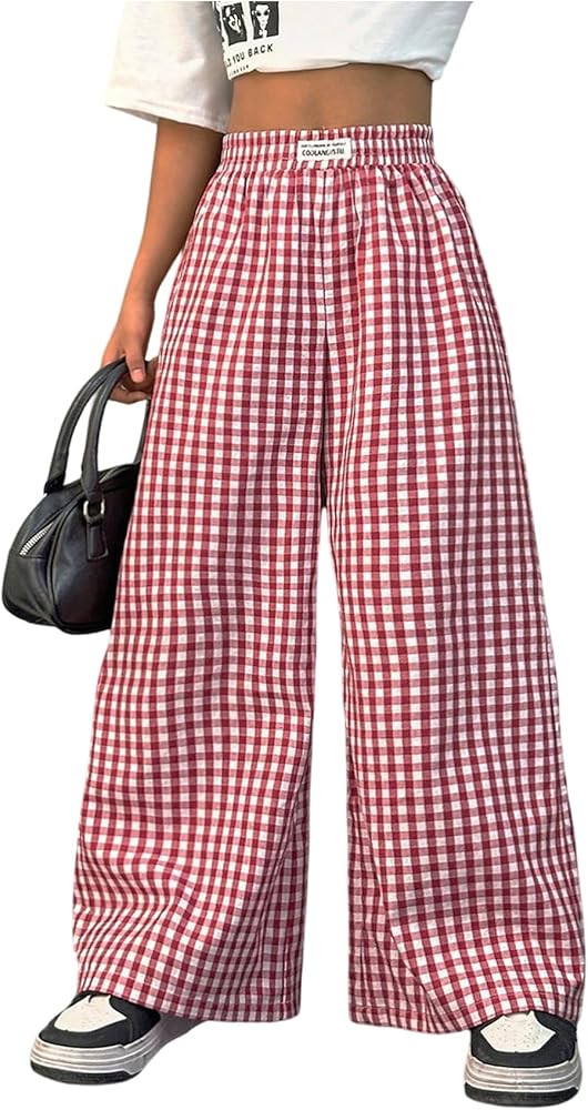 SOLY HUX Girl's Plaid Gingham Baggy Pants Elastic High Waisted Wide Leg Long Pants Trousers | Amazon (US)