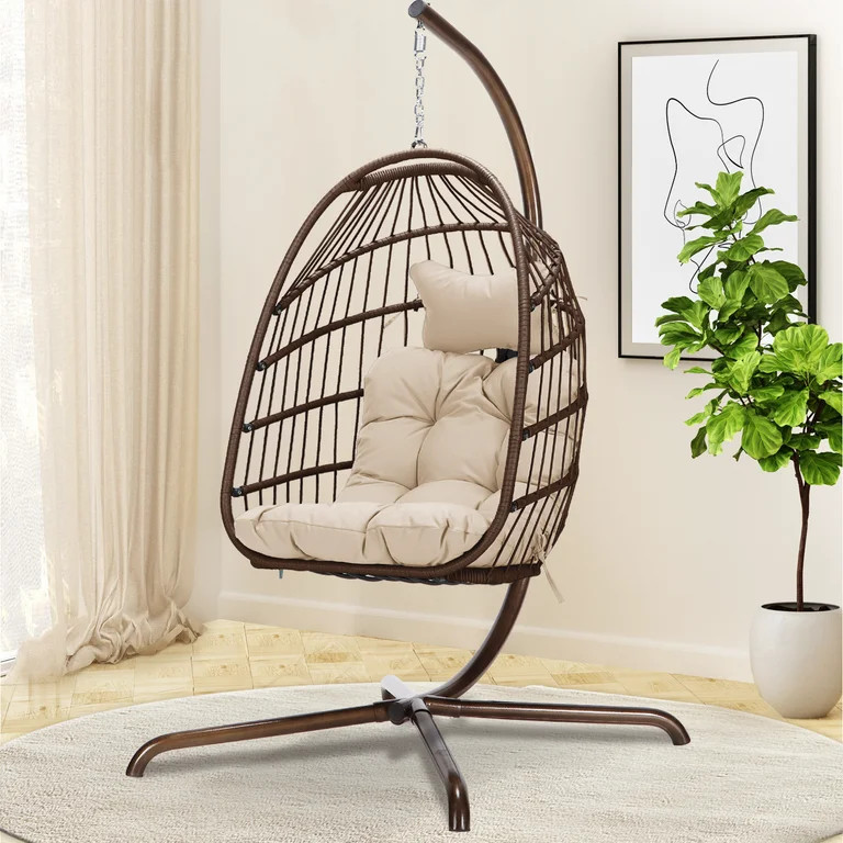 Nicesoul Foldable PE Wicker Brown Hanging Egg Chair With Stand Swing Chair With Cushion and Pillo... | Walmart (US)