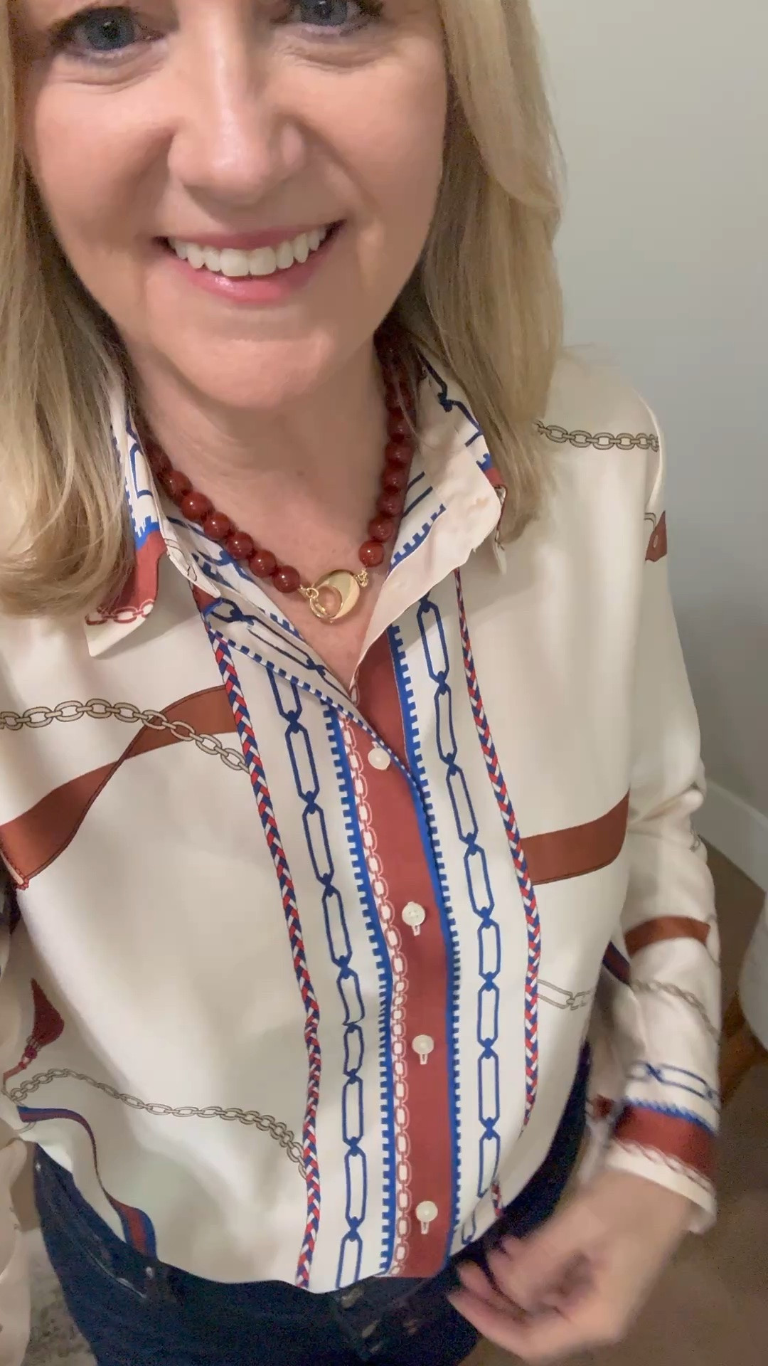 Love the color of this beaded necklace. Perfect accessory for fall, and this equestrian pattern shirt is beautiful. Paired with deans for a business casual outfit

#LTKWorkwear #LTKdayinmylife #LTKSeasonal