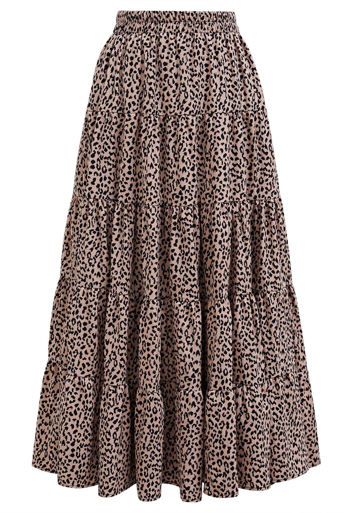 Leopard Printed Panelled Frilling Midi Skirt | Chicwish