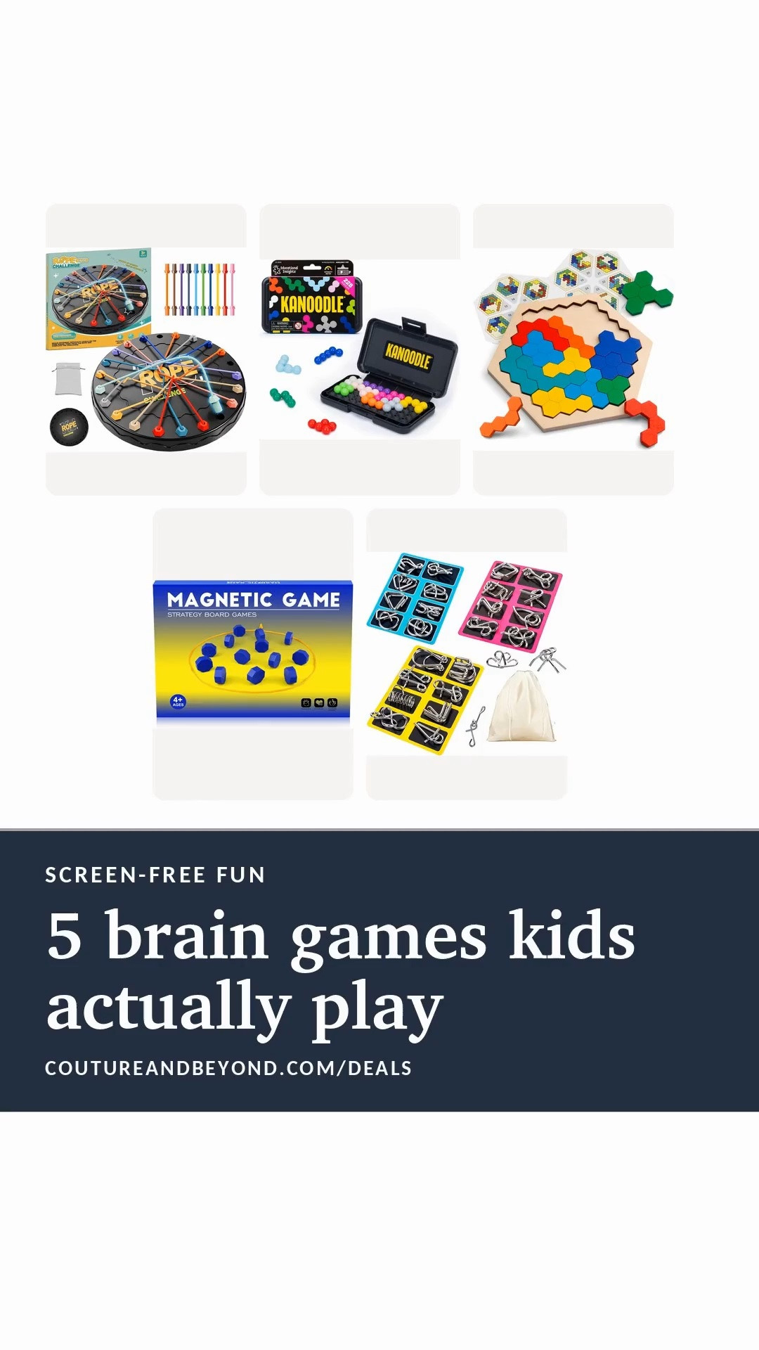 5 screen-free brain games kids actually play.

Ages 3+ to 7+: a rope untangle race, Kanoodle (228 puzzles in a pocket case), a hexagon wood puzzle, a magnetic strategy game and metal wire teasers.
Great for car rides, rainy days and quiet time. Check today's price at the link.
Which one would your kid love, 1–5? 👇
#LTKkids #LTKfamily #LTKSeasonal #LTKtravel