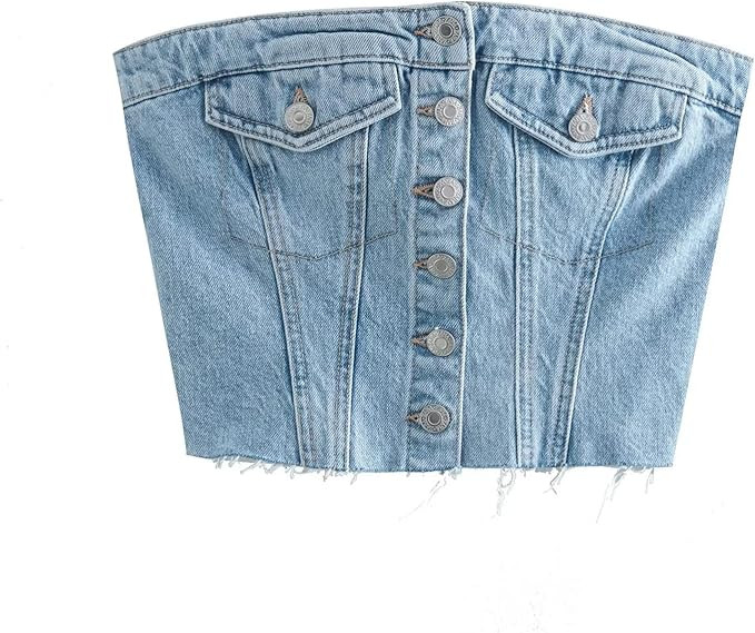 Women Denim Tube Top Cross Tie Up Solid Color Skinny Casual Strapless Corset Crop Tops | Amazon (US)