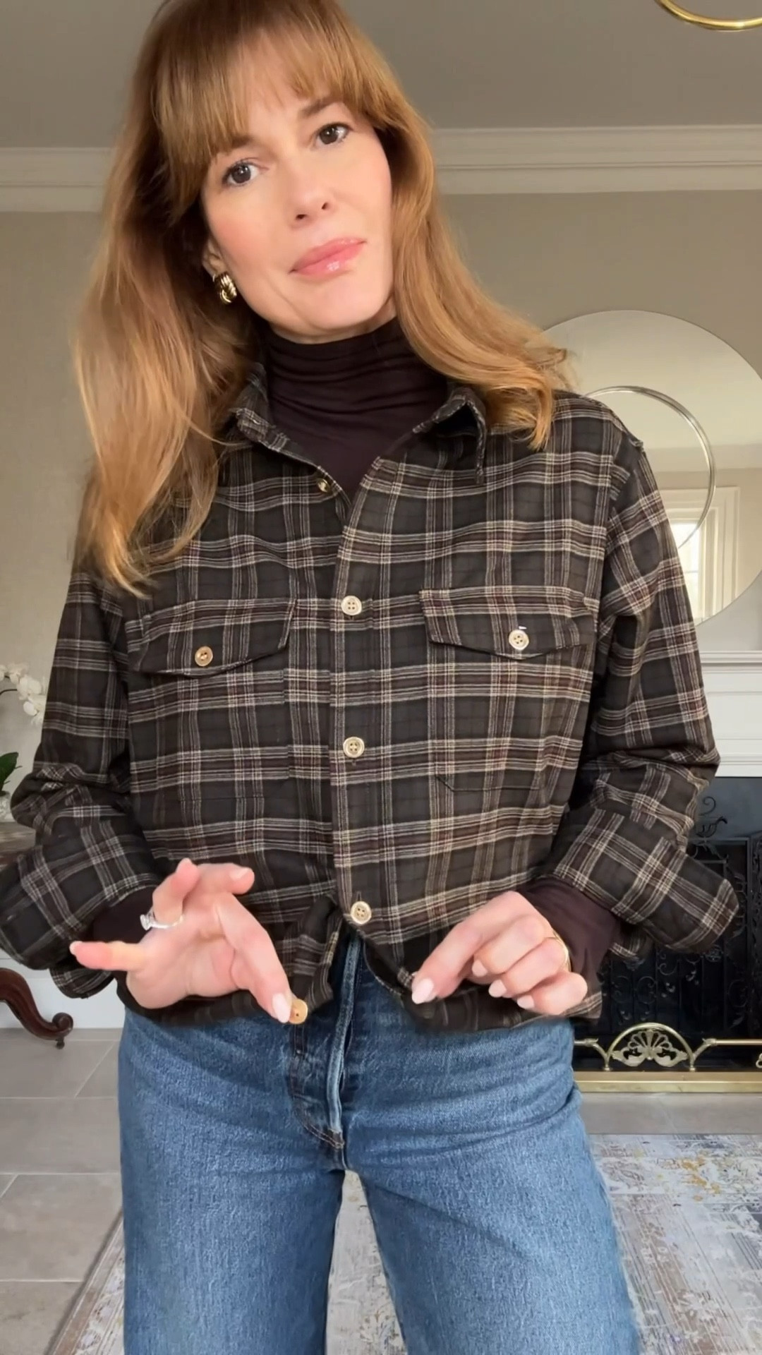 Winter shirt hack 
Flannel shirt size S
Turtleneck base layer size M
Levi’s straight leg jeans size 27/34