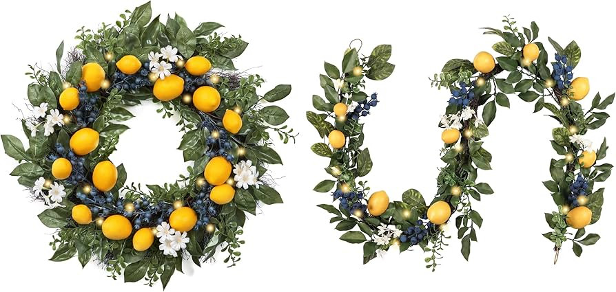 Valery Madelyn 24" Spring Lemon Wreath for Front Door & 6ft Garland for Mantle Bundle – Artific... | Amazon (US)